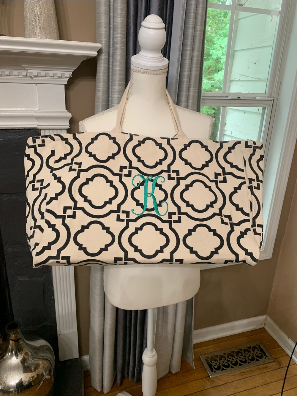 Canvas Monogram Tote Bag in Cream and Black